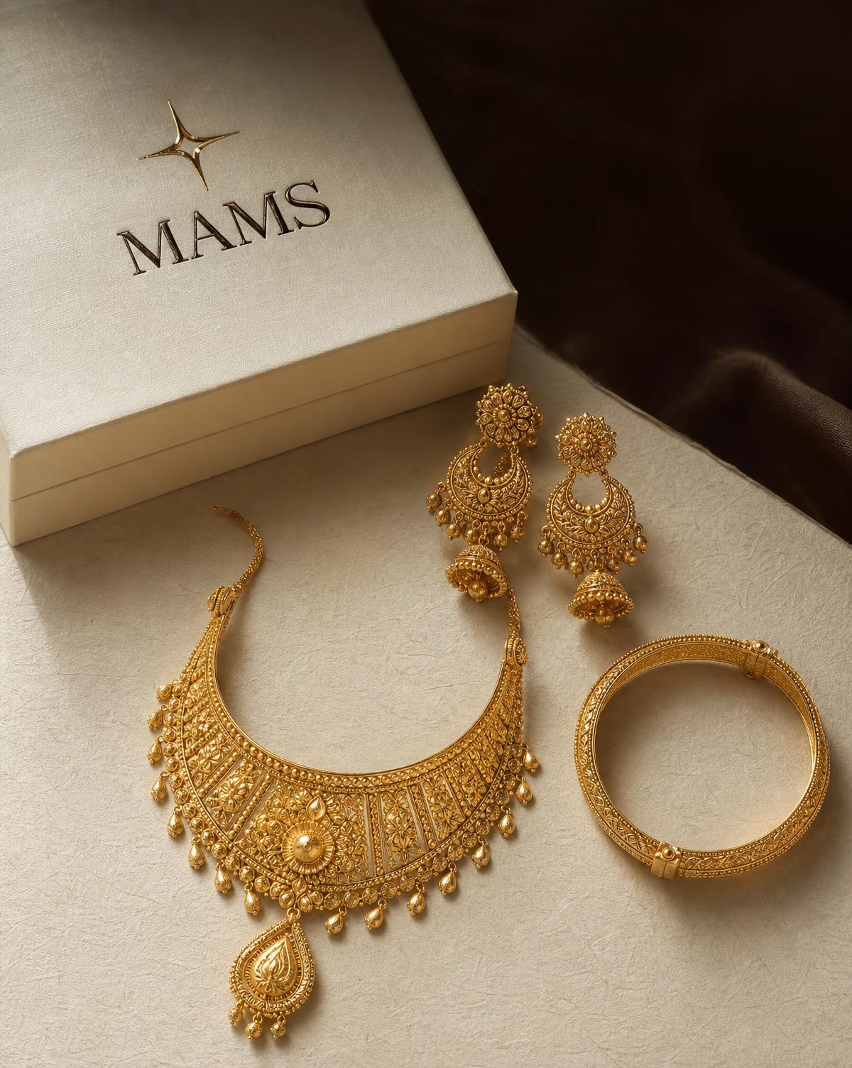 MAMS Legacy Bridal Set in 22K yellow gold — necklace, earrings and bangle arranged together