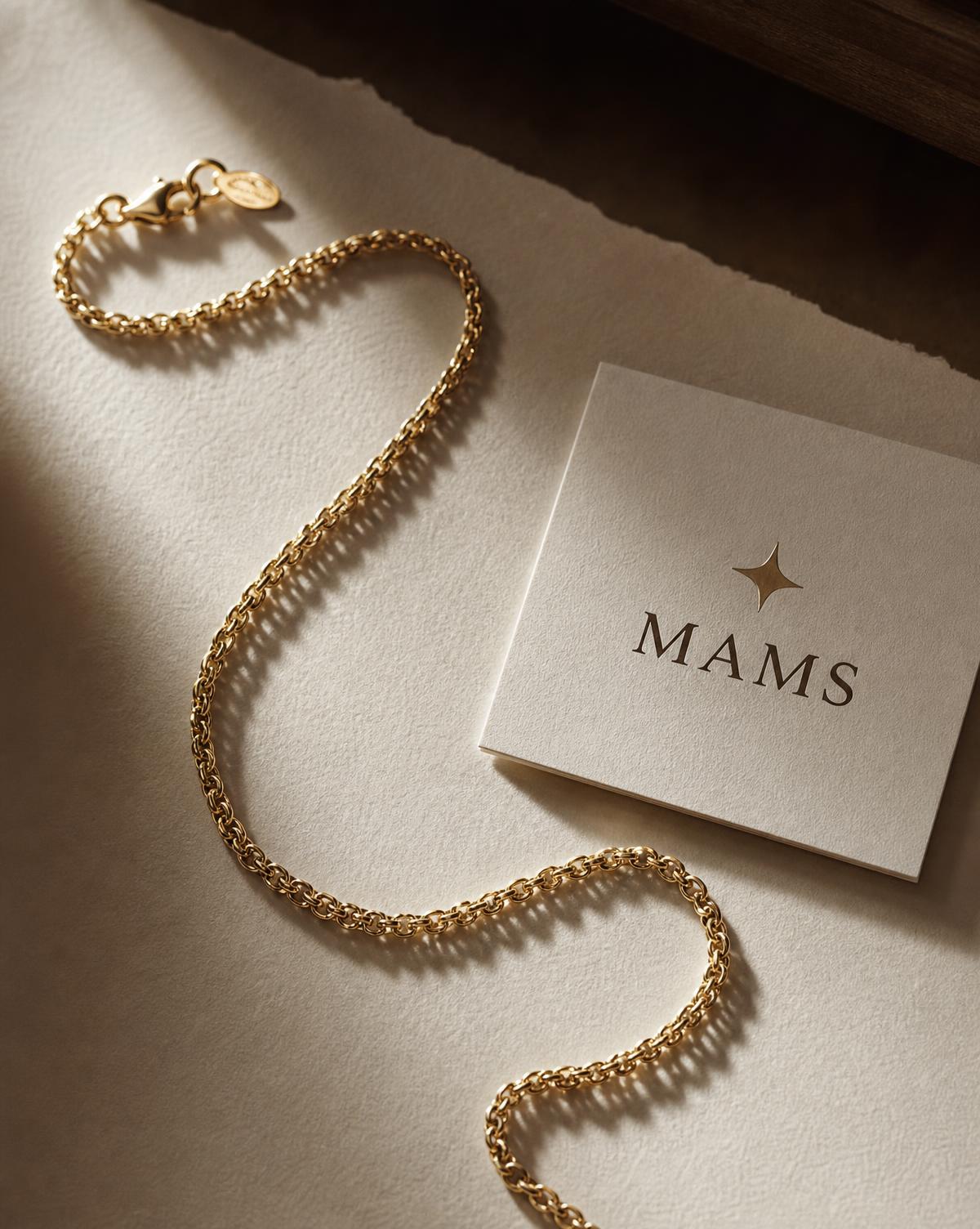 MAMS Meridian Chain Necklace in fine-gauge 18K yellow gold, laid in a loose curve