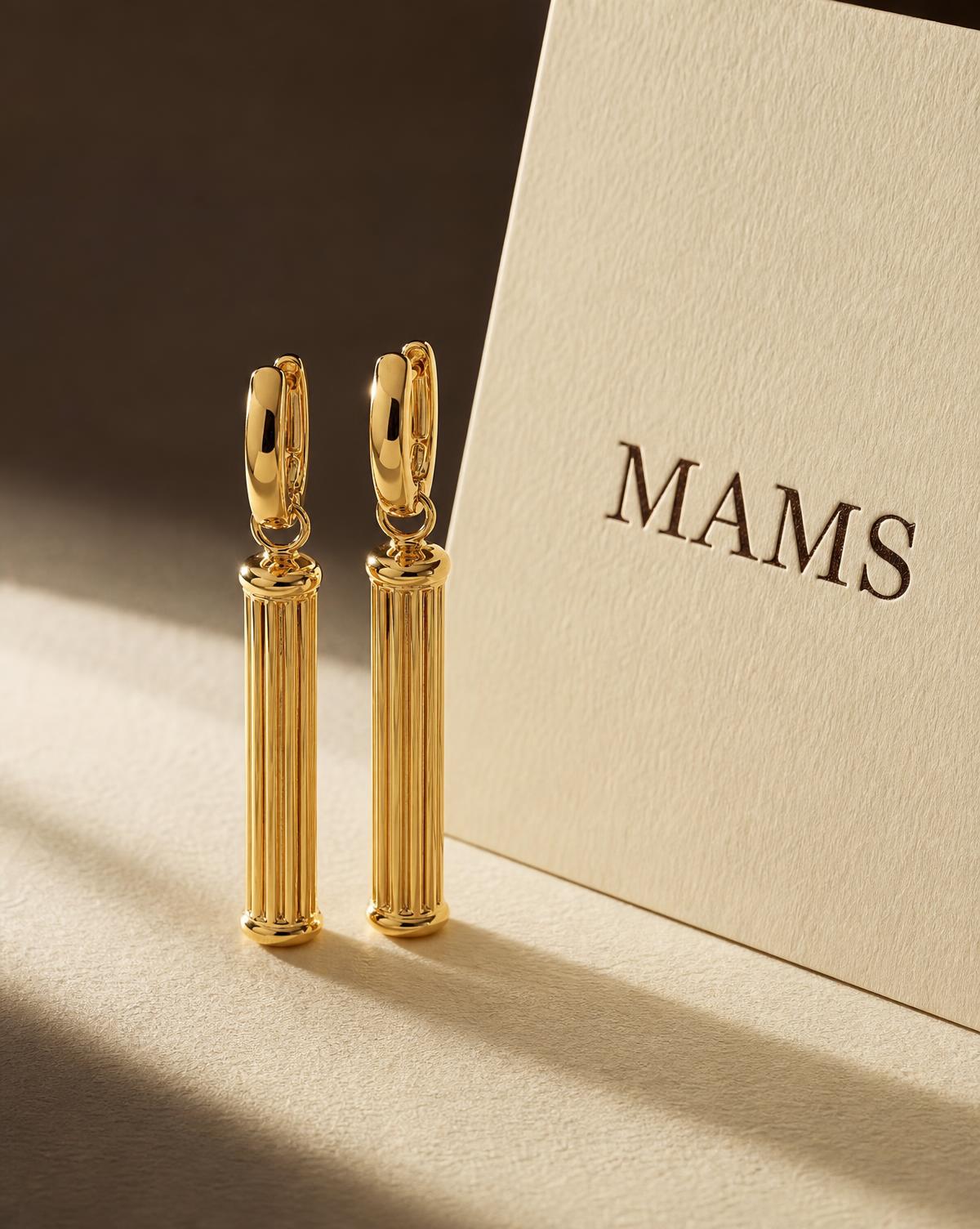 MAMS Column Drop Earrings in mirror-polished 18K yellow gold, standing side by side